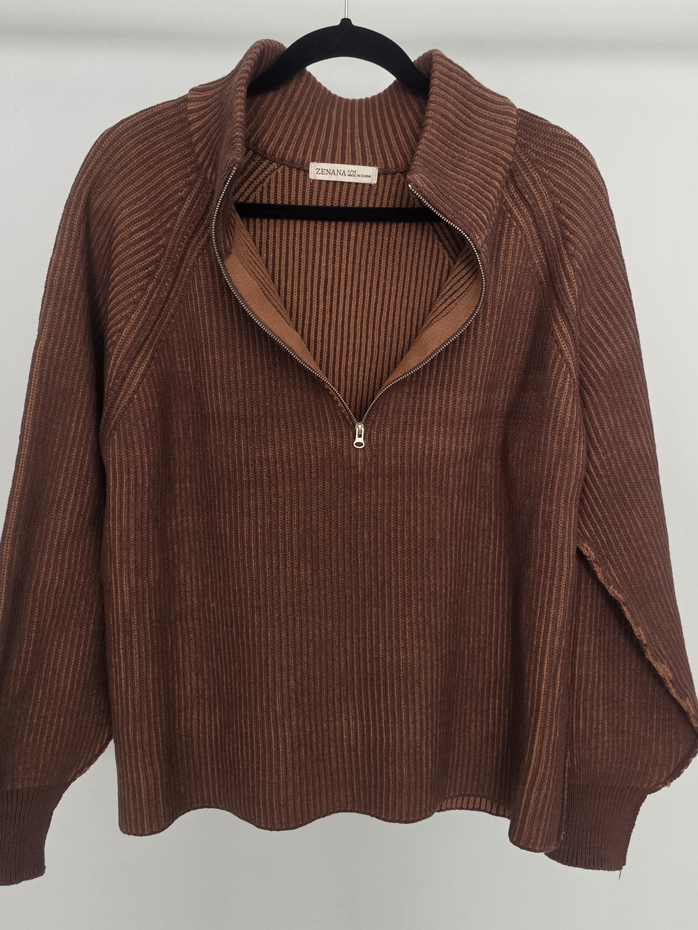 Zenana Outfitters Ribbed Half-Zip Sweater - Brown S/M